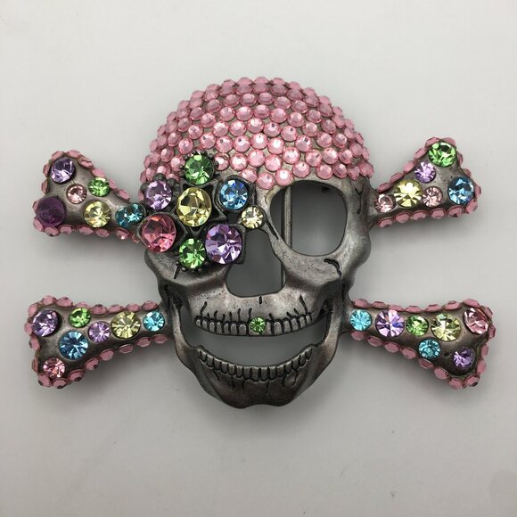 Skull Pin Brooch Rhinestones Pink Pirate Halloween Goth Sparkle Large 4” X 3” - Picture 1 of 15